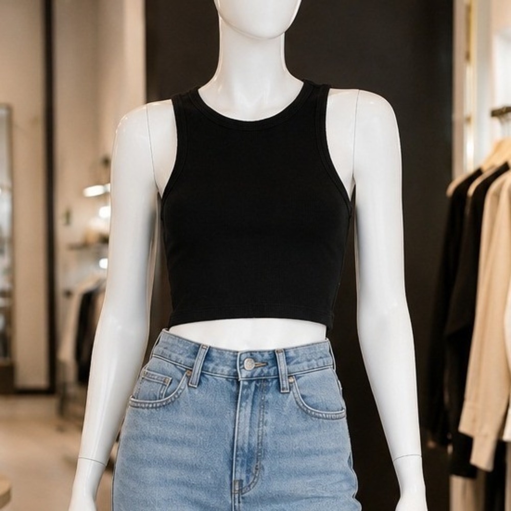 H&M Women Tank Top Black Ribbed Knit Cropped Sleeveless M